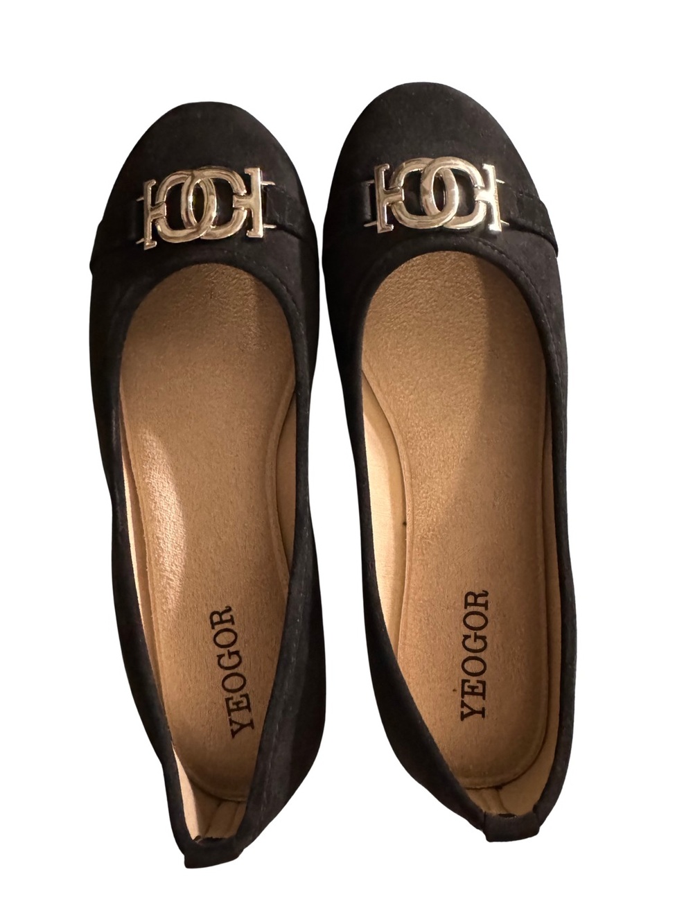 Yeogor Black Suede Ballet Flats with Gold Accent